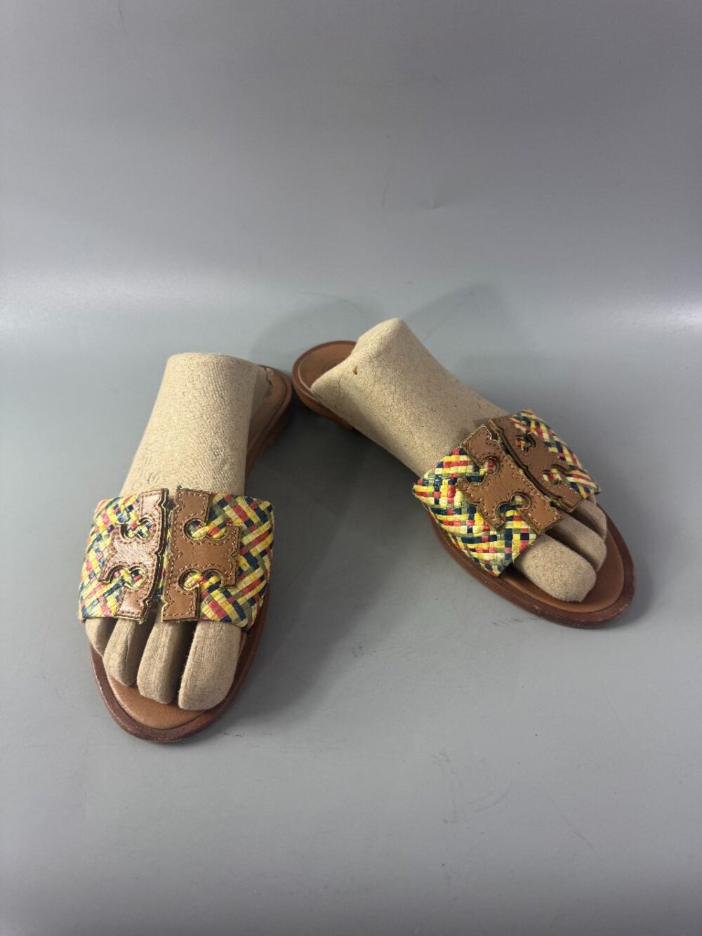 Tory Burch Multicolor Woven Raffia and Leather Carmen Slide Flats Size 8